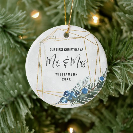 Modern ons eerste kerstfeest als Mr & Mrs Foto Keramisch Ornament (Boom)
