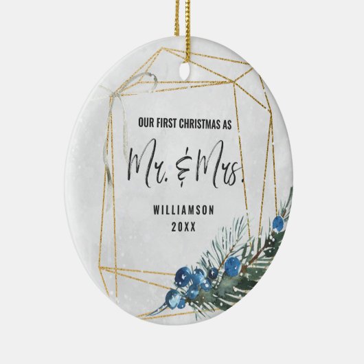 Modern ons eerste kerstfeest als Mr & Mrs Foto Keramisch Ornament (Rechts)