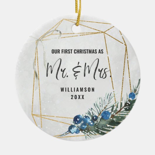 Modern ons eerste kerstfeest als Mr & Mrs Foto Keramisch Ornament (Voorkant)