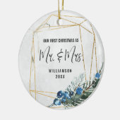 Modern ons eerste kerstfeest als Mr & Mrs Foto Keramisch Ornament (Links)