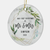 Modern ons eerste kerstfeest als Mr & Mrs Foto Keramisch Ornament (Links)