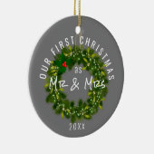 Modern Ons eerste kerstfeest, Mr. en Mrs. Custom Y Keramisch Ornament (Rechts)