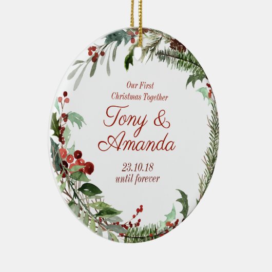 Modern ons eerste kerstfeest samen keramisch ornament (Rechts)