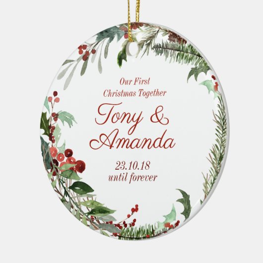 Modern ons eerste kerstfeest samen keramisch ornament (Links)