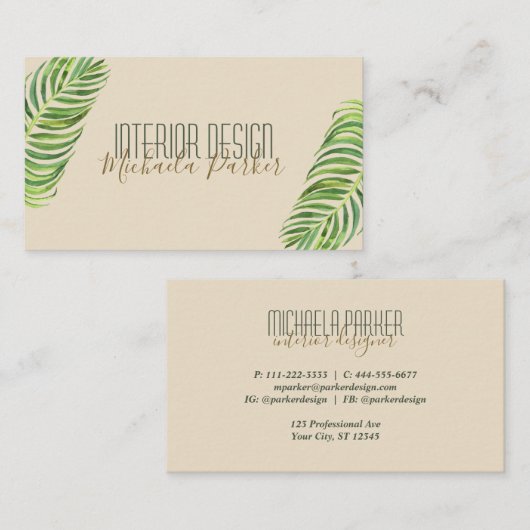 Modern ontwerp van Tropisch Palm Leaf Interior Visitekaartje (Voorkant / Achterkant)