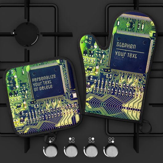 Modern ontwerp voor printplaat voeg naam toe Geeky Ovenwant & Pannenlap Set