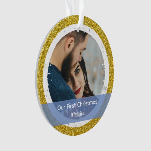 Modern Onze Eerste Kerstmis Getrouwd 2 foto's Ornament (voorkant)