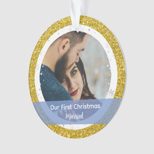 Modern Onze Eerste Kerstmis Getrouwd 2 foto's Ornament (voorkant)