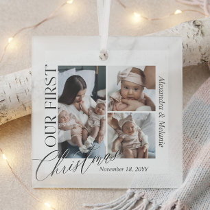 Modern Onze Eerste Kerstmis Tweeling Baby Fotocoll Glas Ornament
