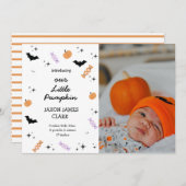 Modern onze kleine pomkin Halloween Birth Aankondiging (Voorkant / Achterkant)
