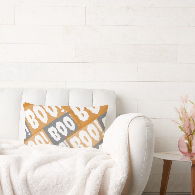 Modern Orange and Grey Boo Pattern Halloween  Kussen (Bank)
