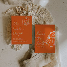 Modern Orange Hand Drawn Retro Summer Wedding  Save The Date