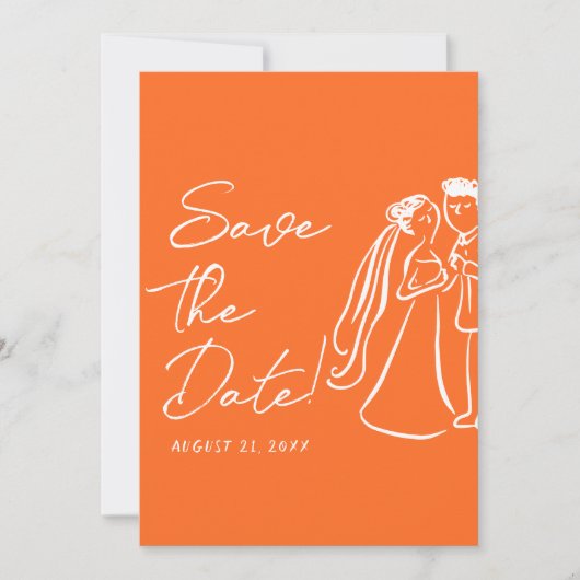 Modern Orange Hand Drawn Retro Summer Wedding  Save The Date (Voorkant)