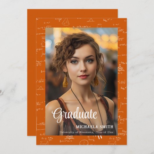 Modern Orange Math Photo College Graduation  Aankondiging (Voorkant / Achterkant)