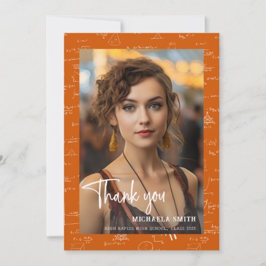 Modern Orange Math Script Photo Graduation  Bedankkaart (Voorkant)