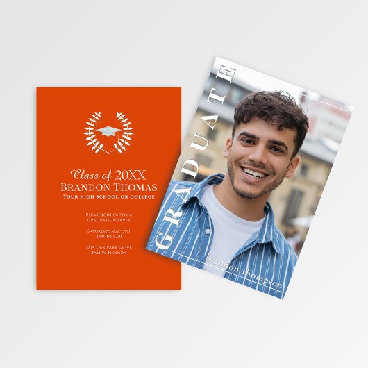 Modern Orange Vertical Name Graduation Photo Card Kaart