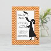 Modern Oranje Afstuderen Invitation Silhouette Kaart (Staand voorkant)