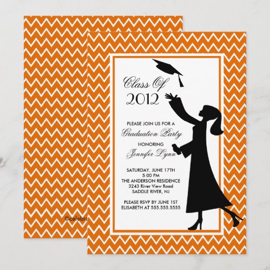 Modern Oranje Afstuderen Invitation Silhouette Kaart (Voorkant / Achterkant)