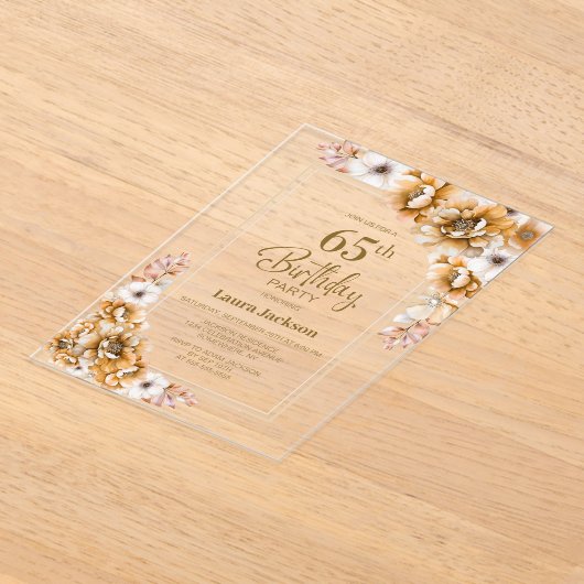 Modern Oranje Bloemen 65ste Verjaardag Party Acryl Uitnodigingen (Laagn)