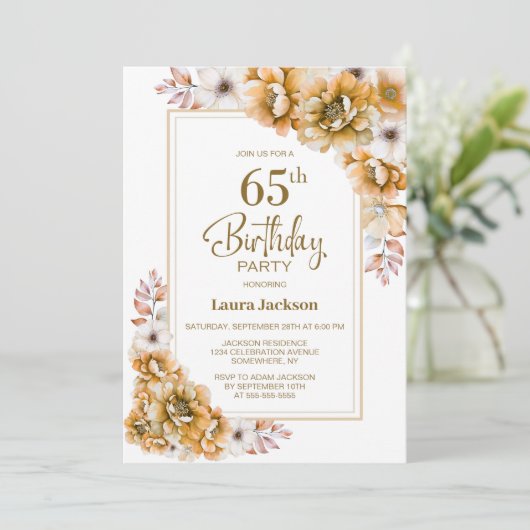 Modern Oranje Bloemen 65ste Verjaardag Party Kaart (Staand voorkant)