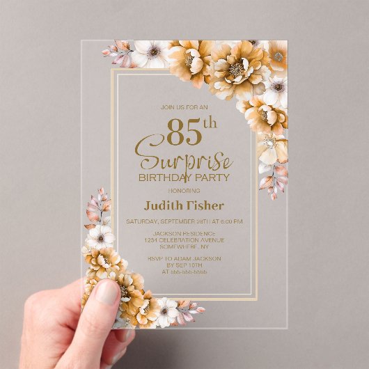 Modern Oranje Bloemen Verrassing 85ste Verjaardag  Acryl Uitnodigingen (Insitu (Draagbaar))