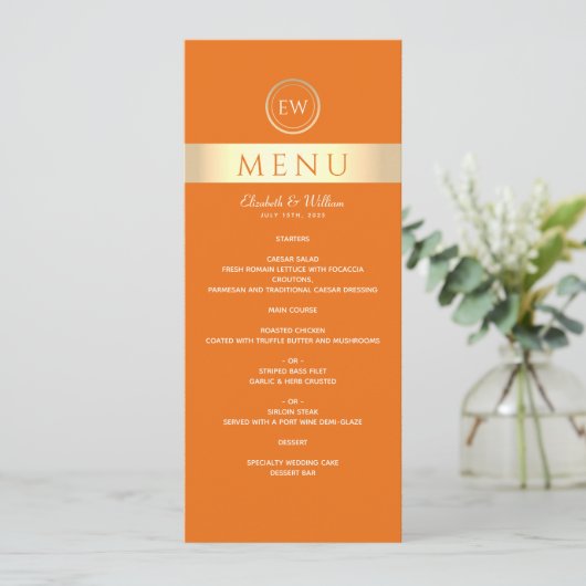 Modern Oranje Bruiloftsmenu Menu (Staand voorkant)