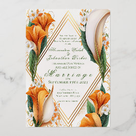 Modern Oranje en Ivory Calla Lilies Wedding Folie Uitnodiging