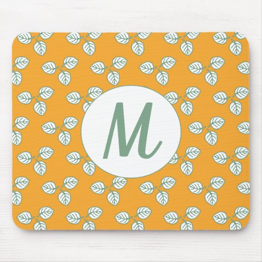 Modern Oranje en wit lederen monogram Muismat (Voorkant)
