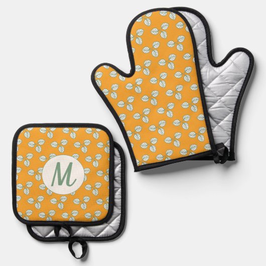 Modern Oranje en wit lederen monogram Ovenwant & Pannenlap Set (Voorkant / Achterkant)