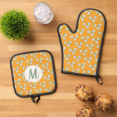 Modern Oranje en wit lederen monogram Ovenwant & Pannenlap Set (Top down)