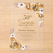 Modern Oranje Floral Surprise 50ste Verjaardagsfee Acryl Uitnodigingen (Voorkant)