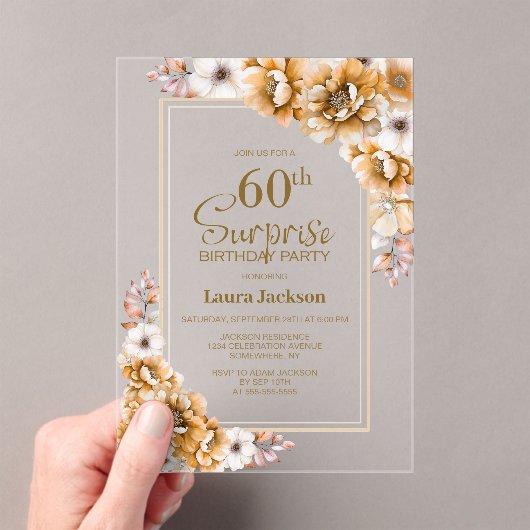 Modern Oranje Floral Surprise 60ste Verjaardagsfee Acryl Uitnodigingen (Insitu (Draagbaar))