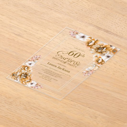 Modern Oranje Floral Surprise 60ste Verjaardagsfee Acryl Uitnodigingen (Laagn)