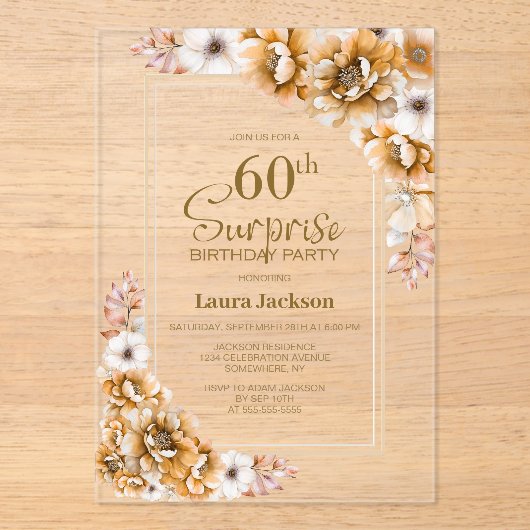 Modern Oranje Floral Surprise 60ste Verjaardagsfee Acryl Uitnodigingen (Voorkant)