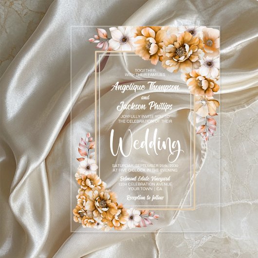 Modern Oranje Floral Wedding Acryl Uitnodigingen