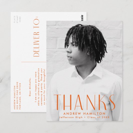Modern Oranje Foto Afstuderen Hartelijk dank Briefkaart (Voorkant / Achterkant)
