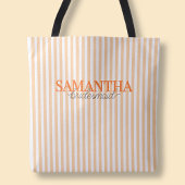 Modern Oranje gestreept script Custom Bridesmaid Tote Bag