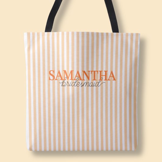 Modern Oranje gestreept script Custom Bridesmaid Tote Bag