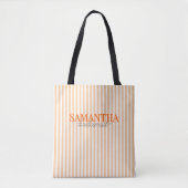 Modern Oranje gestreept script Custom Bridesmaid Tote Bag (Voorkant)