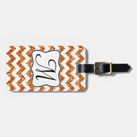 Modern Oranje Glitter Chevron Monogram Bagagelabel (Voorkant horizontaal)