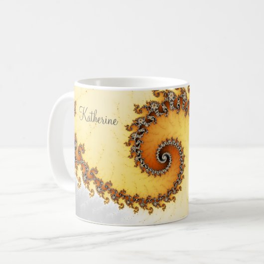 Modern Oranje grijs wervelfractal met naam Koffiemok (Voorkant links)