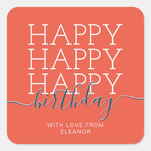 Modern oranje Happy Birthday Vierkante Sticker (Voorkant)
