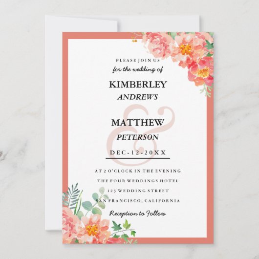Modern oranje koraal roze bloemsierlijke bruiloft kaart (Voorkant)