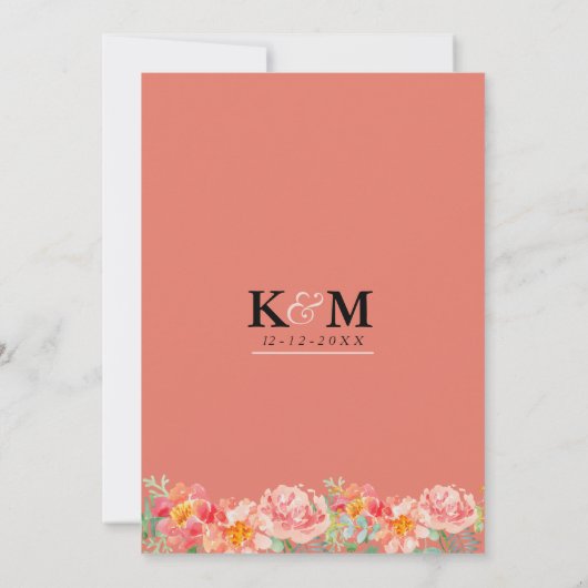 Modern oranje koraal roze bloemsierlijke bruiloft kaart (Achterkant)