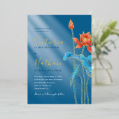 Modern Oranje Lotus Flower Blue Wedding Uitnodigin Folie Uitnodiging (Staand Voorkant)