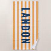 Modern Oranje met gepersonaliseerde naam Navy Stri Strandlaken (Voorkant)