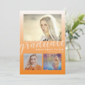 Modern Oranje Ombre Afstuderen 3 foto's Afstuderen Aankondiging (Staand voorkant)