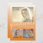 Modern Oranje Ombre Afstuderen 3 foto's Afstuderen Aankondiging (Voorkant / Achterkant)