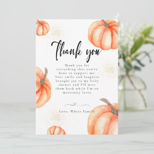 Modern Oranje pompoen Baby shower dank u kaarten (Staand voorkant)