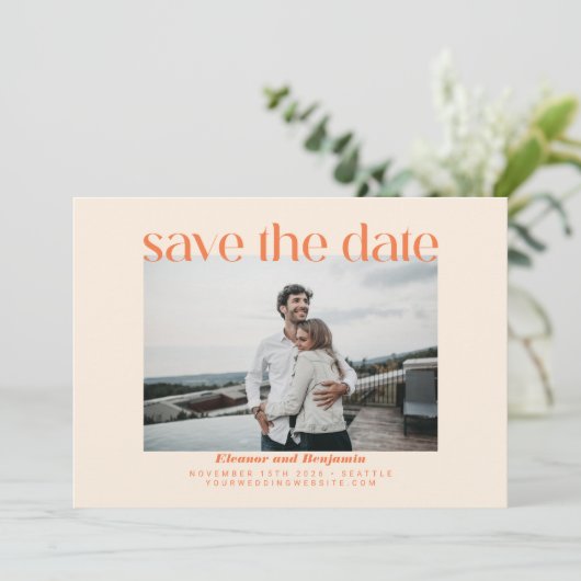 Modern Oranje Retro Typography Photo Wedding Save The Date (Staand voorkant)